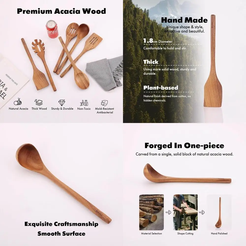 

6-Piece Acacia Wood Cooking Utensil Set: Handcrafted Wooden Tools for Non-stick Pans, Turner, Serving Spoon, Slotted Spoon, Soup