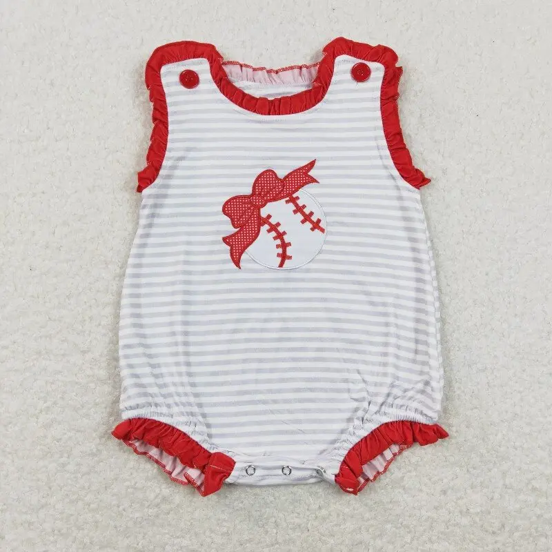 

12.6y SR0782 Baby Girls' Romper Wholesale Embroidered Baseball Striped Lace Sleeveless Romper