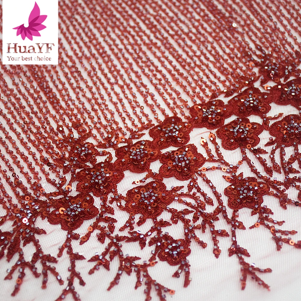 1 Yard Hot-selling Red African Beaded Sequins Fabric Mesh Lace Bride Simple Evening Dress Materials HY2488