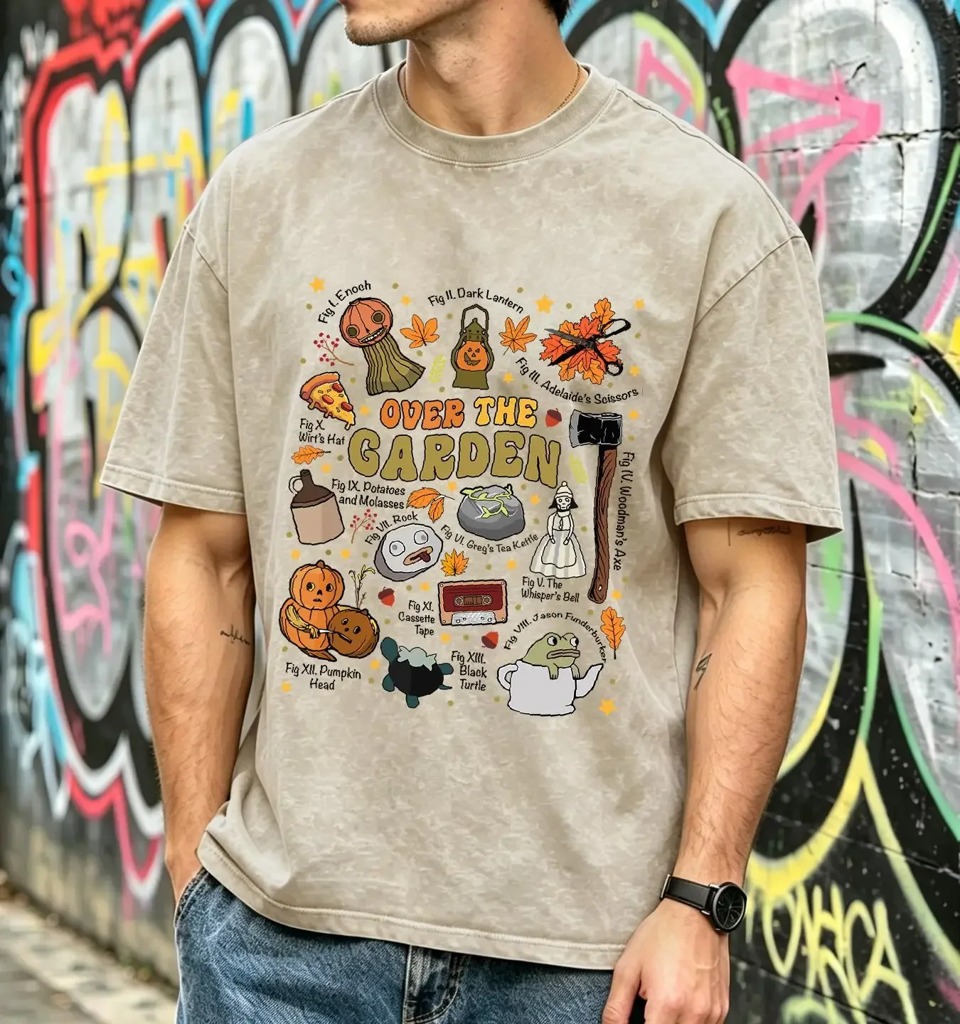 washed T Shirt Over The Halloween Garden Wall Pumpkin Fall Thanksgiving vintage Washed Stretched graphic Comfortable fashion