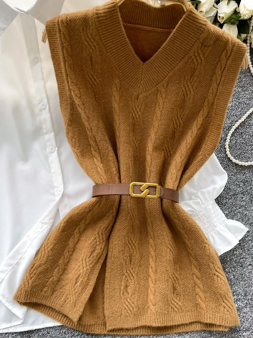 Foamlina Women Autumn 2 Pieces Set Fashion Turn Down Collar Long Sleeve White Shirt and Knitted Outerwear Vest Top with Belt