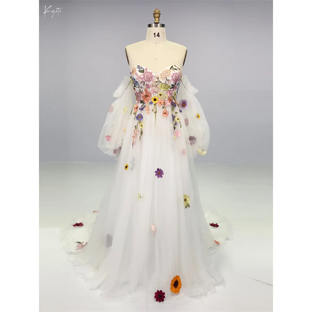 

Kyoto Customized Off Shoulder 3D Appliques Wedding Dress Puffy Sleeves A-line vestidos de novia Court Train Evening Dresses 2025