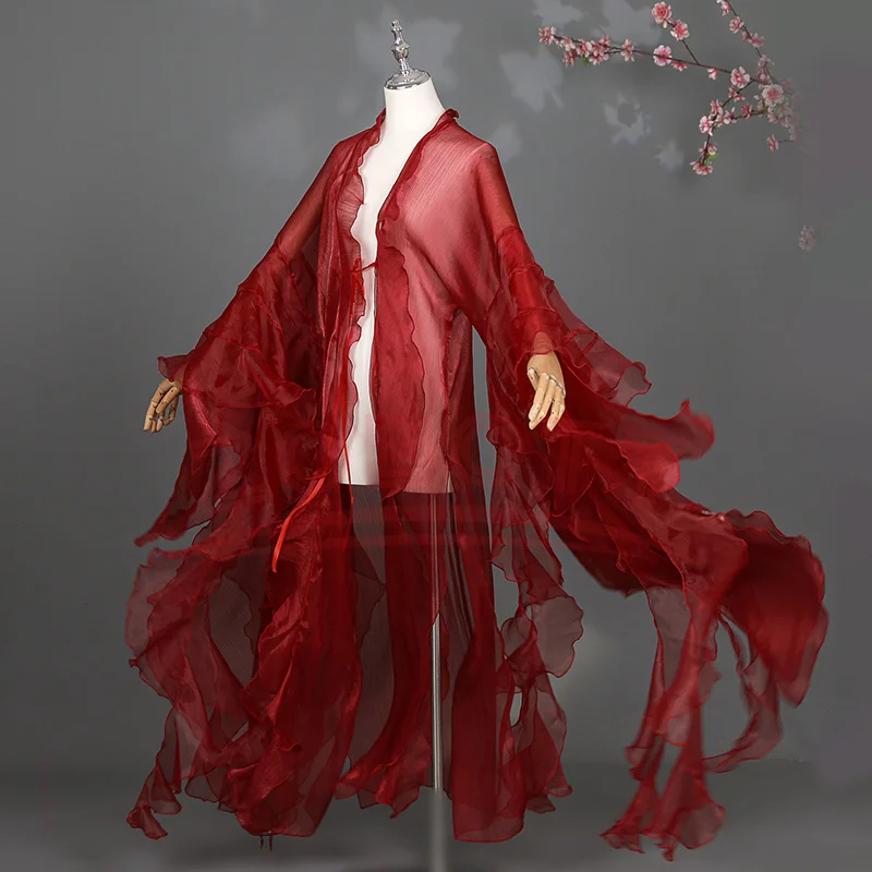 Chinese Ancient Gorgeous Hanfu Overcoat Cardigan Women Elegant Fairy Chiffon Petal Sleeve Cloak Dance Princess Cosplay Costume view 3