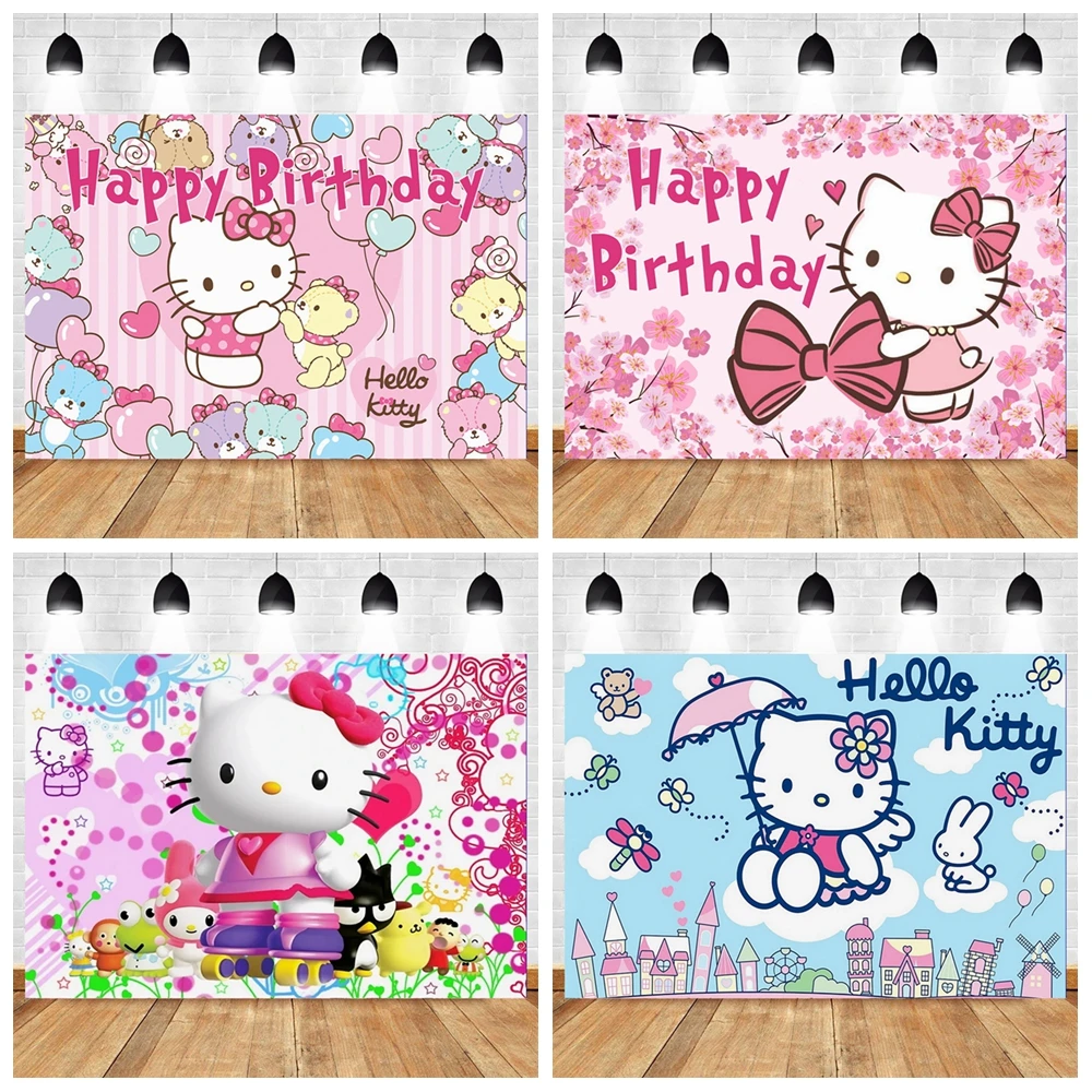 

Hello Kitty Theme Photography Background Birthday Party Decoration Cartoon Banner Princess Girl Shower Pink Custom Background