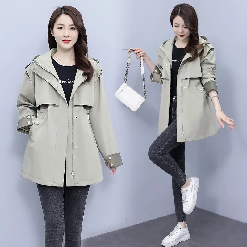 

Spring Autumn New Womens Korean Trench Coat Fashion Loose Hooded Parker overcoat Female Casual Long Tooling Windbreaker Jacket