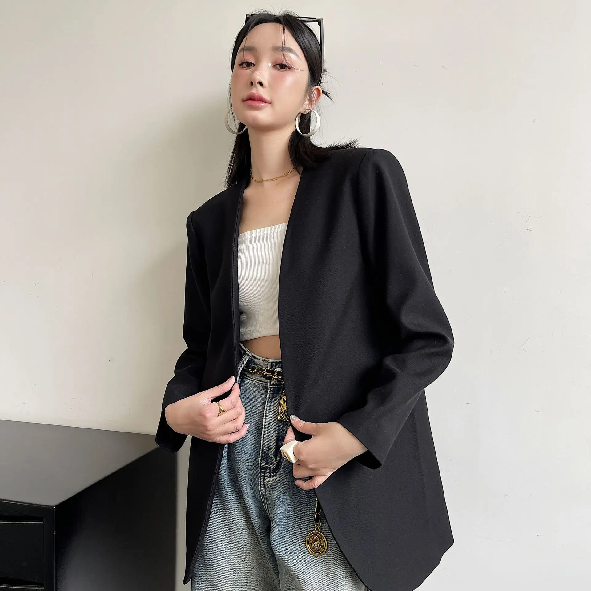 2023 New Slim and Advanced Black Blazers Womens Elegant V neck Casual Suit Loose Long Cardigan Coat