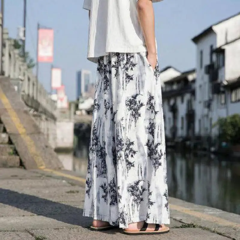 Men's New Chinese Style Ink Wash Bamboo Print Wide Leg Pants Summer Loose Fit Draped Fabric Casual Kimono Trousers for Men view 5