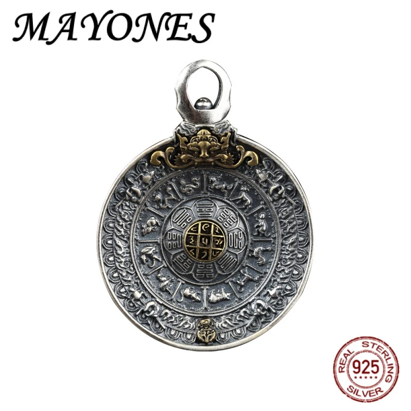 

New S925 Silver Personality Zodiac Brand Nine Palace Round Brand Pendant for Men Retro Thai Silver Punk Jewelry