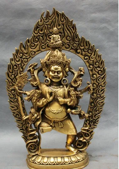 

13" Tibet Brass Buddhism Dragon Head 4 Head 8 Arms Dakini Mahakala Buddha Statue