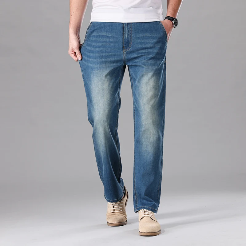 

2026 Summer Branded Thin Denim Men's Fitted Straight Cotton Stretch Lightweight Jeans Business Casual Retro High Waist Pants