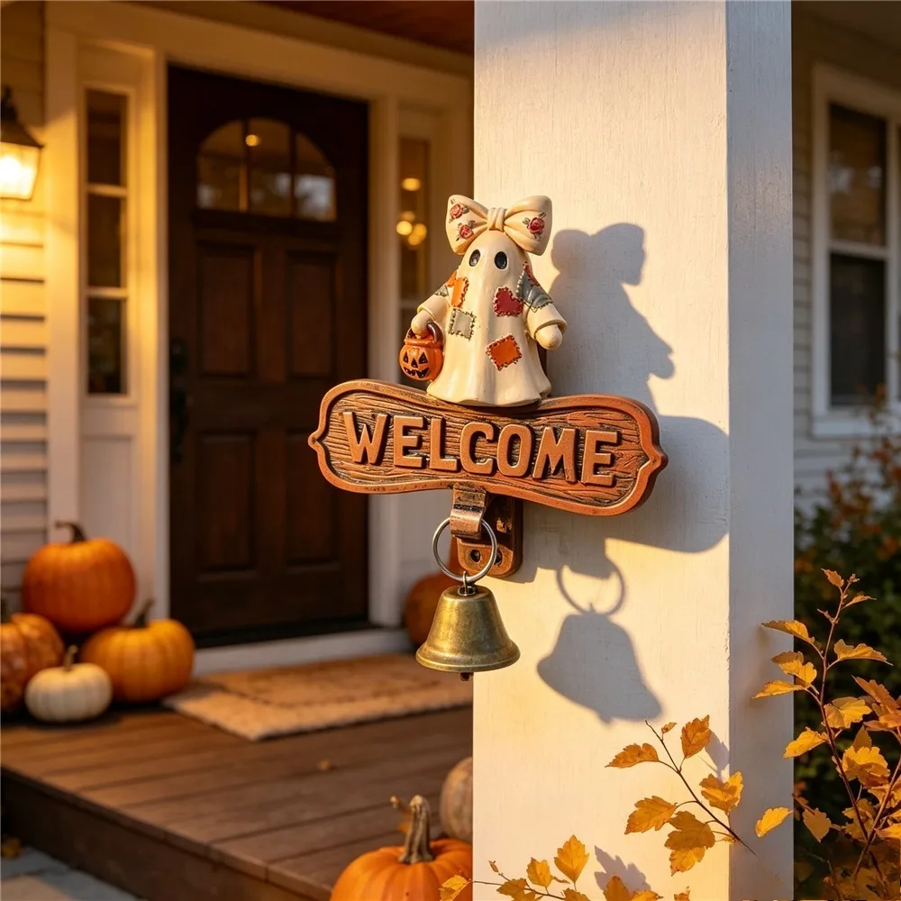 Halloween Patchwork Ghost Welcome Doorbell, Resin Wall Hanging Ornament With Bell For Front Door Porch Decor