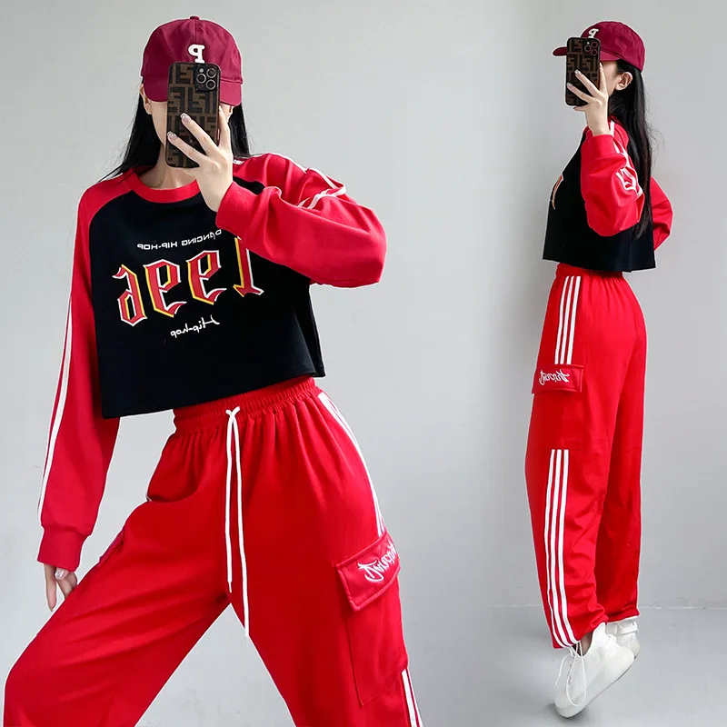 Street Dance Hip-hop Dance Clothes Women Pant Suit Tracksuit Wear Round Neck Color Blocking Korean Group Costume Dance Wear