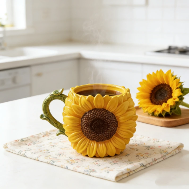 Sunflower Ceramic Coffee Mug - 3D Floral Novelty Cup, Yellow Decorative Mug for Home Office & Gift Use
