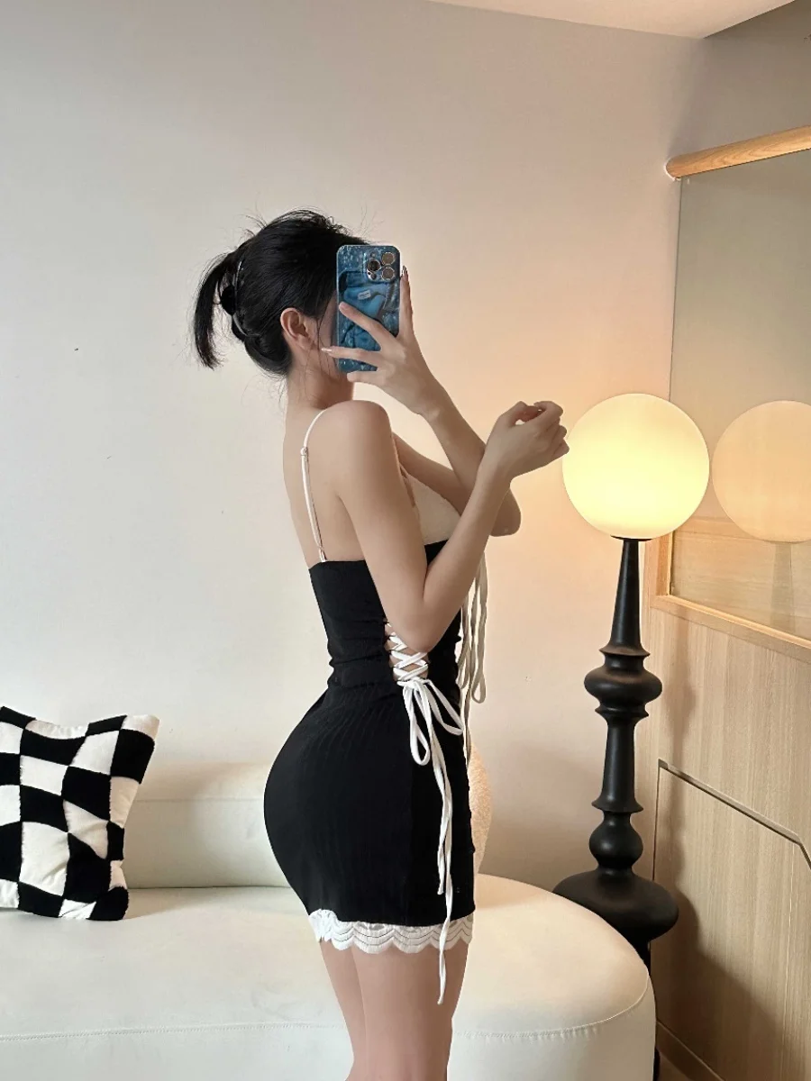 Short Dressed Women's Summer Sexy Slippery Dress Elegant Spicy Girl Drawstring Tight Fake Two Pieces Fashion Sweet Top C883