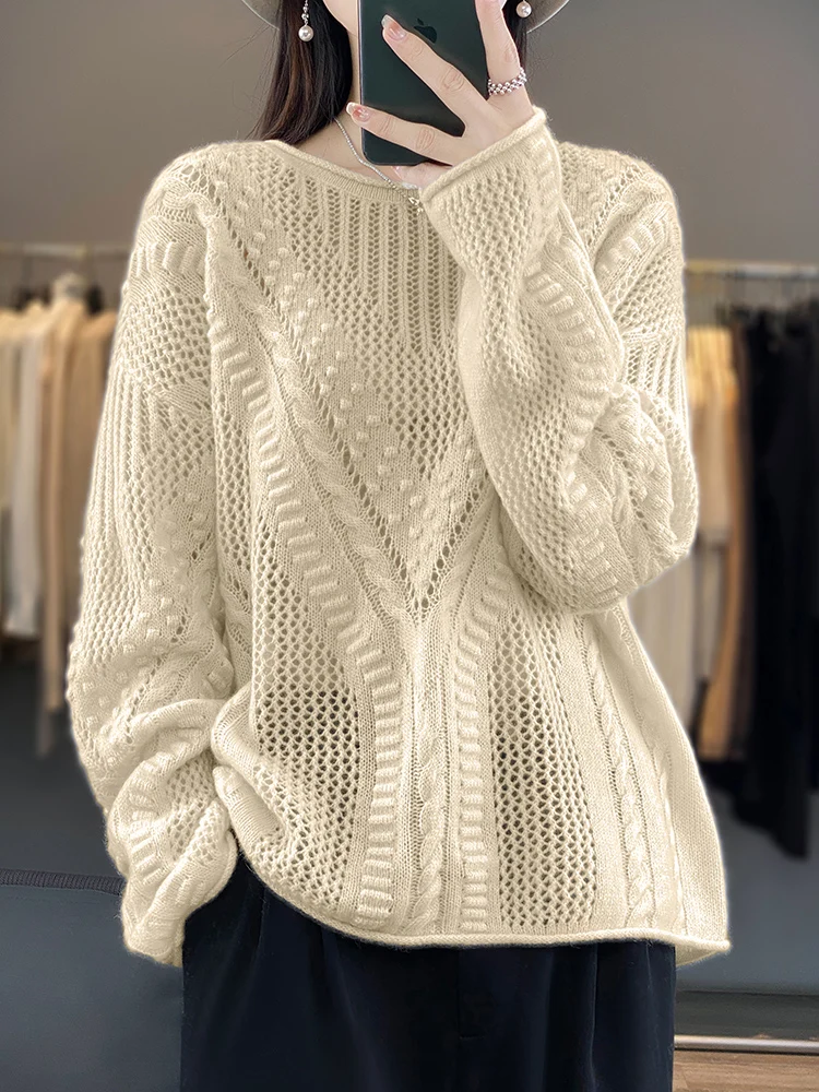 Addonee Women Sweater Hollow O-neck Pullover Vintage 100% Merino Wool Long Sleeve Cashmere Knitwear Autumn Winter Clothing Tops