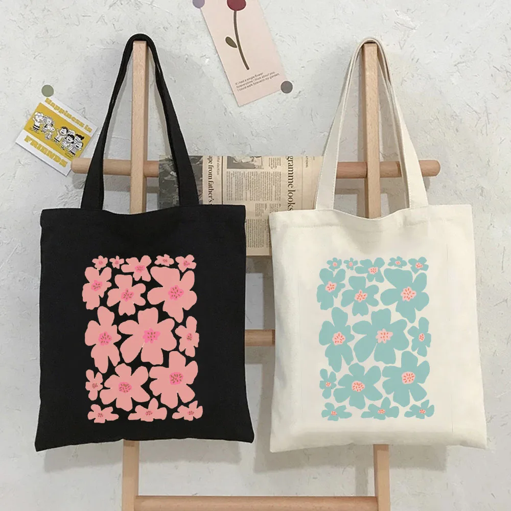 Rainbow Color Retro Floral Teal Daisy Sunflower Black and White Flower Women's Canvas Shoulder Tote Bag Shopper Shopping Handbag