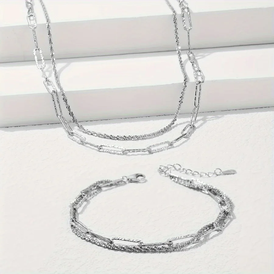 Luxury Brand 2pcs Lovely 925 Sterling Silver Necklace Bracelet Jewelry Set For Women Paperclip Chain Party Wedding Engagement image 5