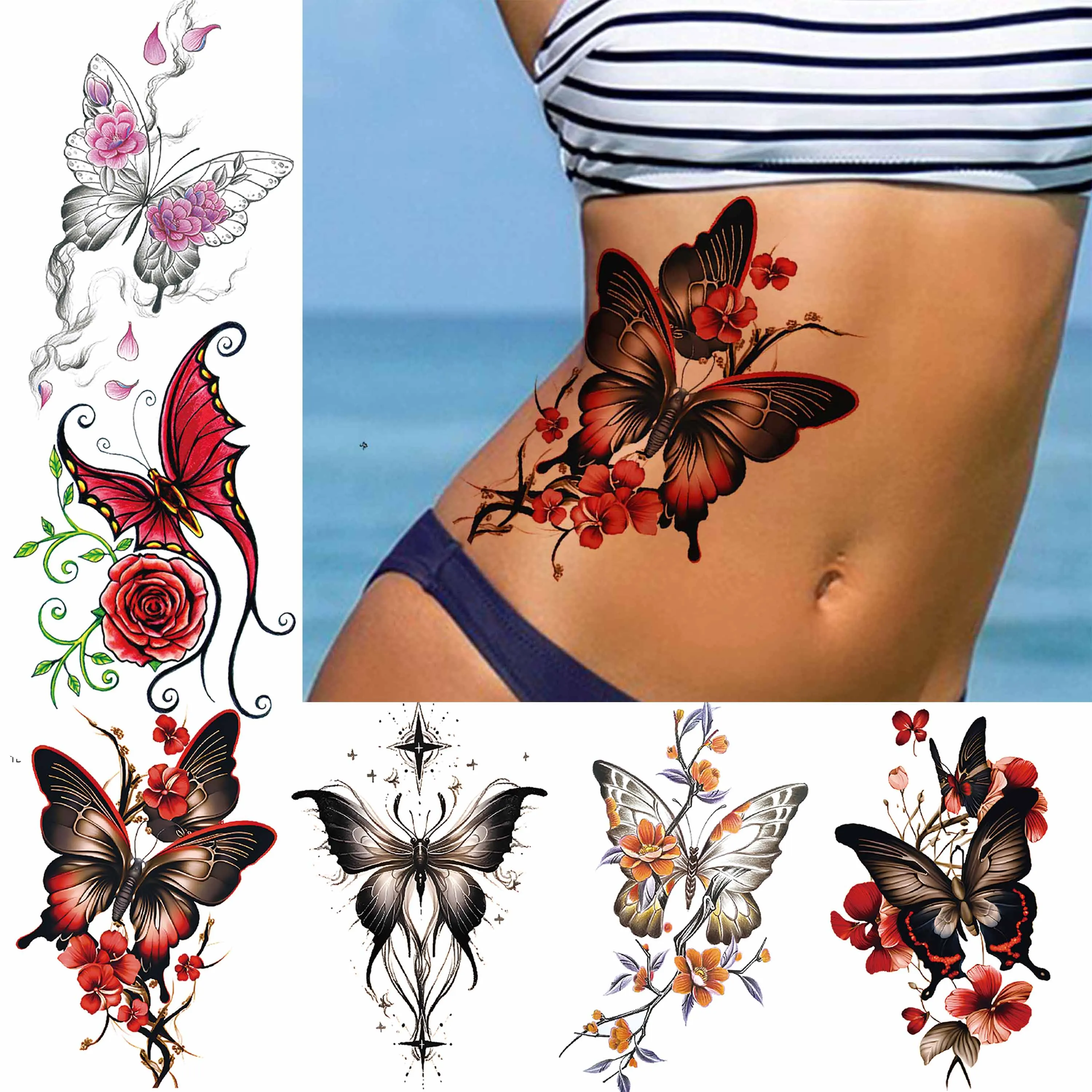 

1 Sheet Sexy 3D Butterfly Plum Temporary Tattoos For Women Girls Body Art Painting Watercolor Tattoo Sticker Covers Up Arm Waist