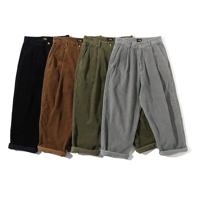 Men Corduroy Wide Leg Straight Pants Japan Korean Streetwear Fashion Loose Casual Vintage Stripe Cargo Trousers Man Harem Pant