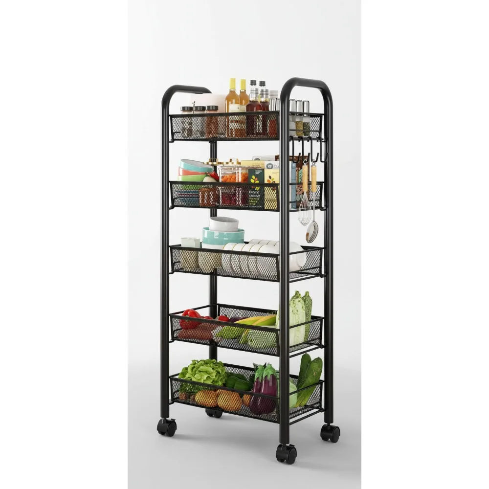 

5-Tier Rolling Utility Cart with Wheels & Handle, Heavy-Duty Movable Storage Organizer for Home Office Kitchen