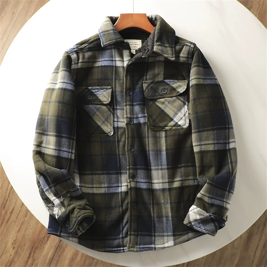 Autumn Winter Men's Fleece Lining Warm Shirt Jackets Plaid Thick Long Sleeve Flock Shirts Retro Casual Men Shirts Fashion Coats