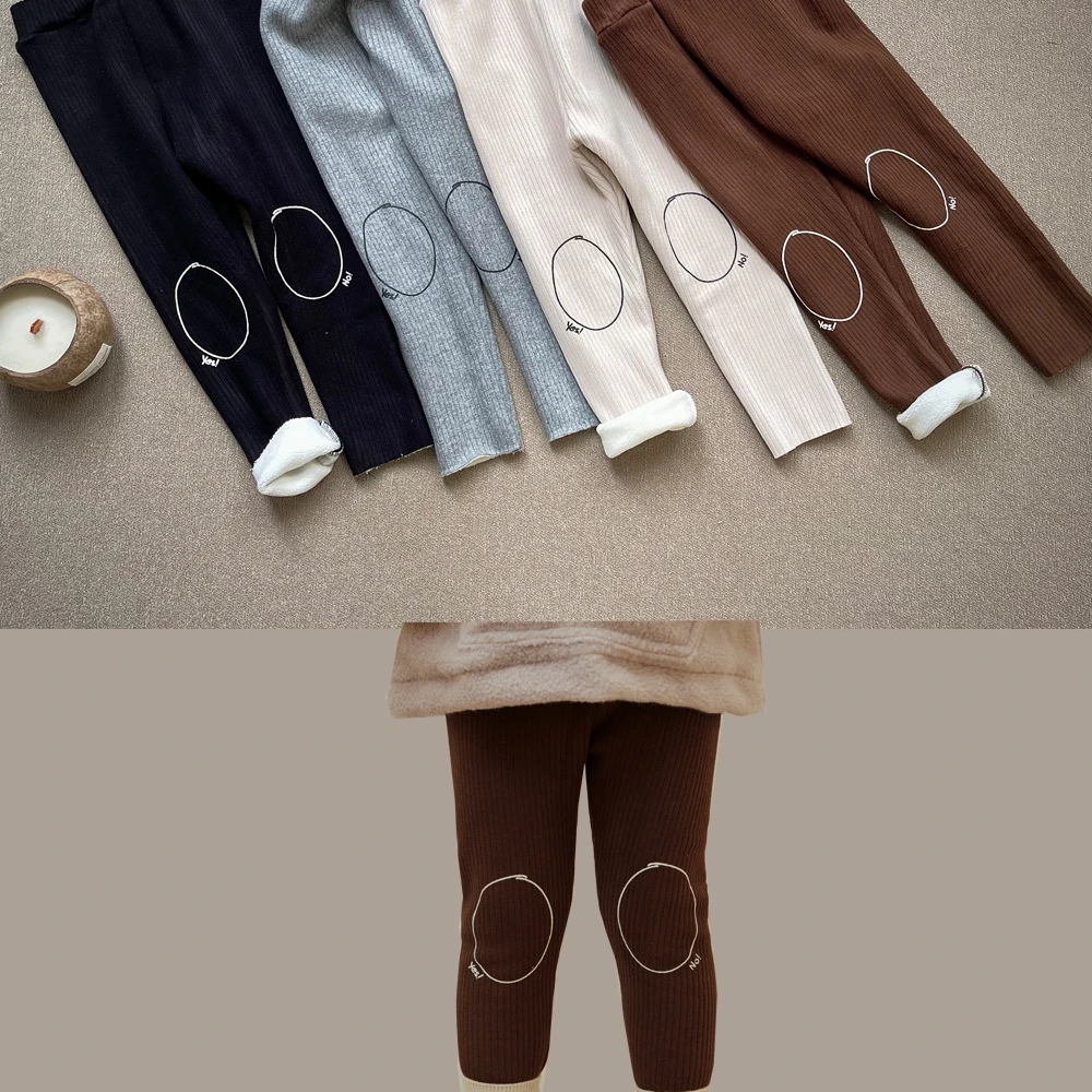 

2023 Winter New Children's Wear Autumn Plush Velvet Warm Pants Girls 4-color Ribbed Geometric Circle Thick Leggings Bottoming