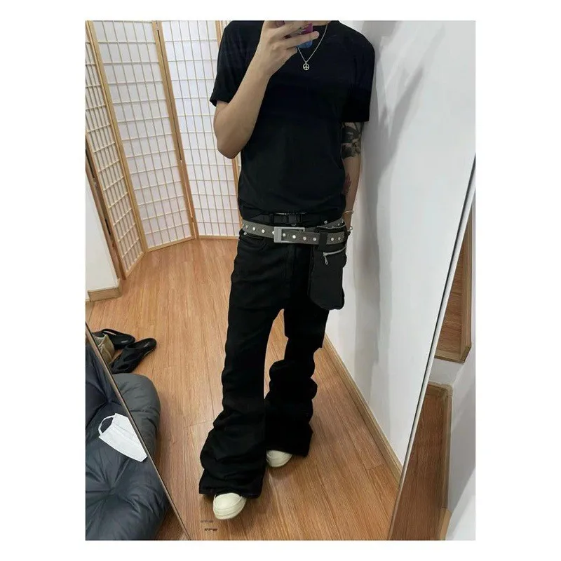 Loose Flared Jeans Black Elastic Waistband Unisex Basic Style Long Trousers Casual Straight Leg Durable Fabric Vintage Style
