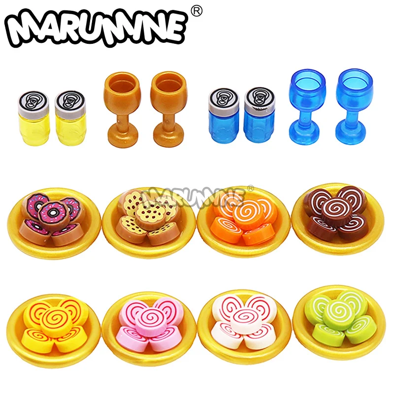 Marumine 60PCS Mini Party Dessert Set DIY Küche Zubehör Schweizer Rollen Donuts Cookies Geschirr Modell 98138 MOC Ziegel Teile