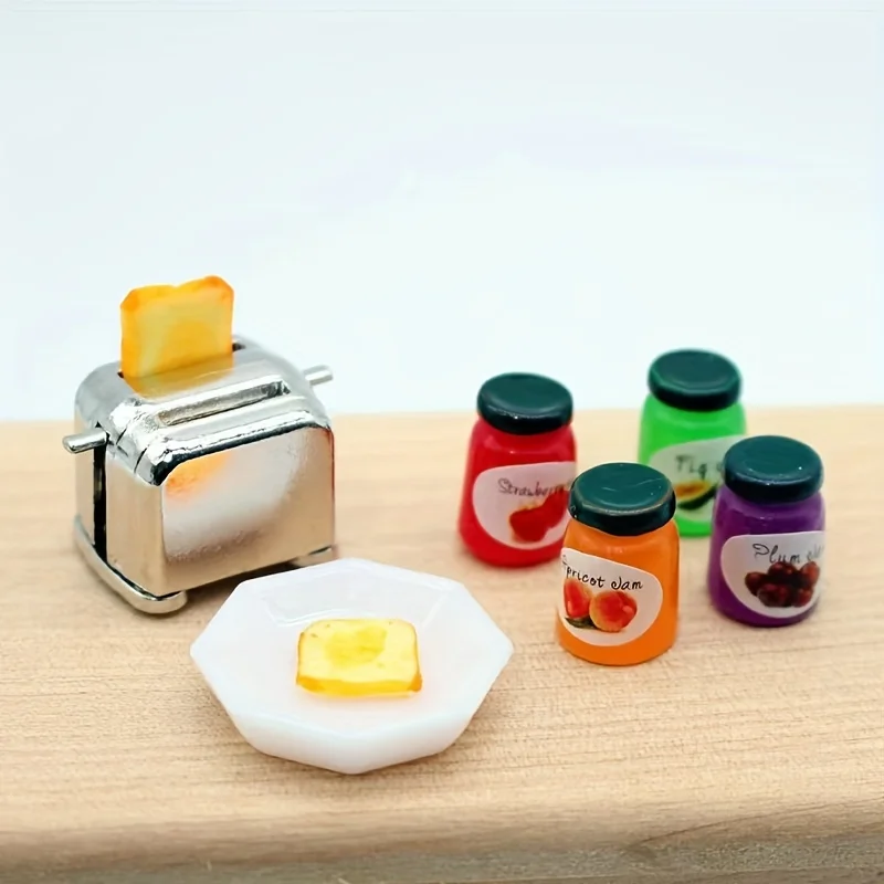 

1set 1/12 Scale Dollhouse Mini Milk Toaster Jam Set Playhouse Kitchen/Living Room Scene Decoration Ornament Food Play Model