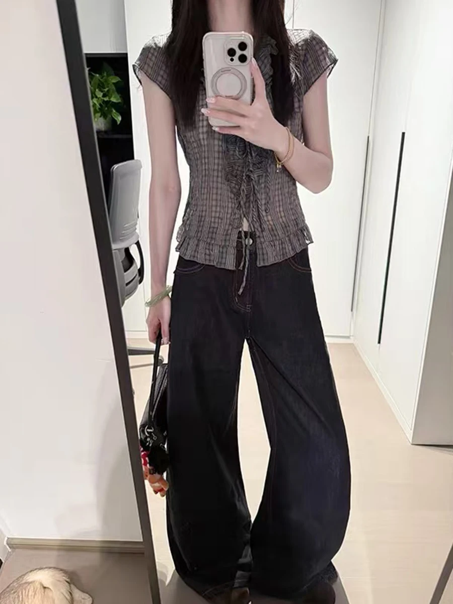 

High Waist Loose Fit American Style Denim Jeans Women plus Size Spring Season Floor Length Straight Leg Bootcut Pants