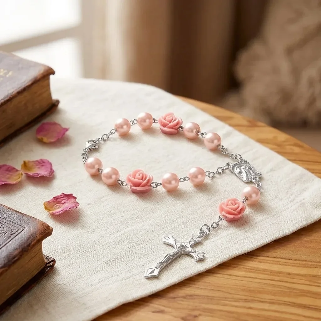 

Pink Rose Pearl Rosary Car Pendant Silver Jesus Crucifix Virgin Mary Medal Rear View Mirror Hanging Ornament Religious Car Interior Decor Baptism Wedding Christian Gift 2 Pack