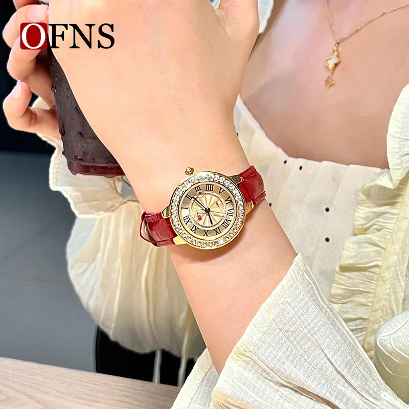 OFNS 5522 high-end quartz dameshorloge retro Romeinse cijfers wijzerplaat |   sprankelende diamanten inleg |   3ATM waterdicht casual veelzijdig