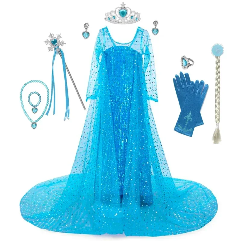 Elsa Cosplay Dress for Girl Party Elza Sequins Fancy Princess Dress UP Cosplay Ball Gown Birthday Carnival Disguise Clothing JYF