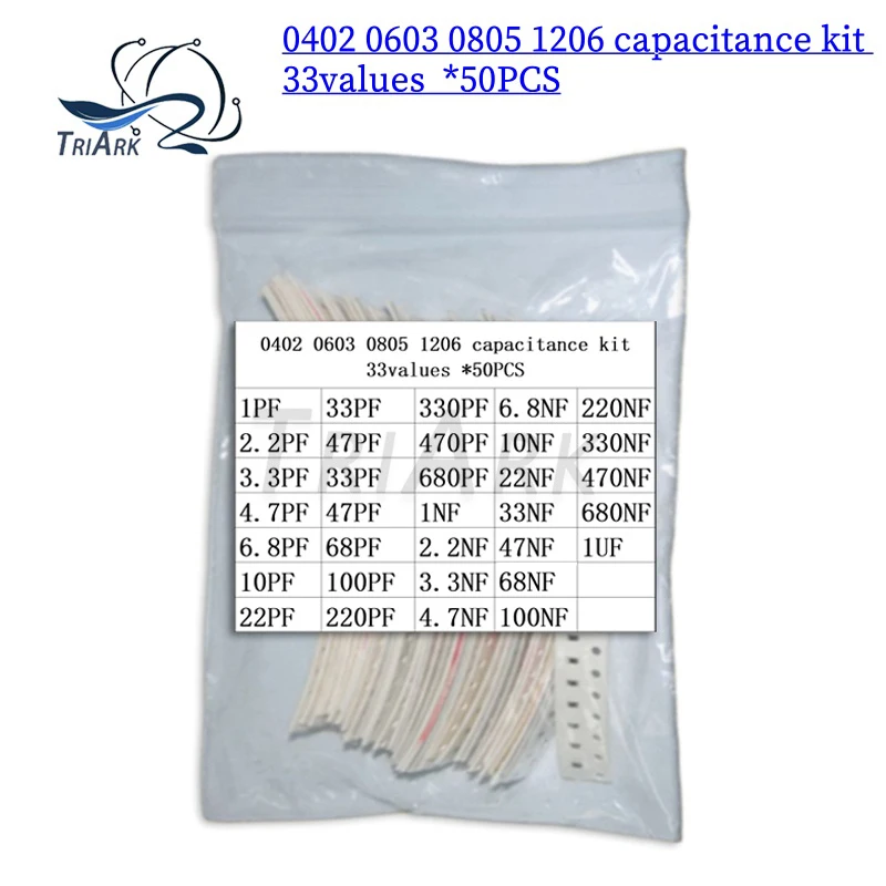 

1650PCS 33values capacitance kit 0402 0603 0805 1206 1PF~1UF 2.2PF 6.8PF 47PF 33PF 330PF 680PF 1NF 100NF 330NF 680NF sample pack