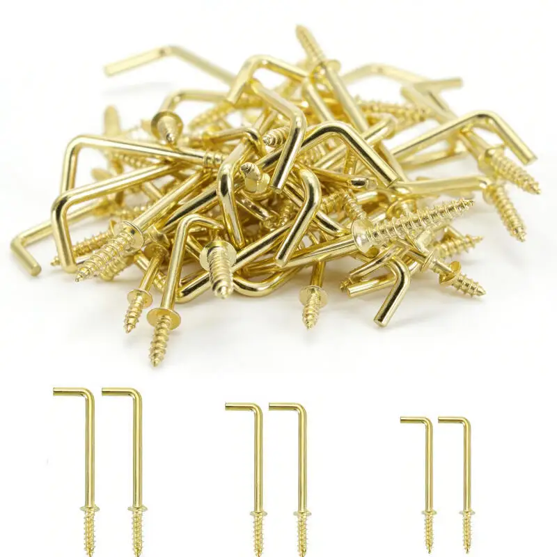 50/30/10pcs L Shaped Screw Hooks 20mm 38mm 42mm 53mm Golden Right Angle Self Tapping Screw Hook for Hanging