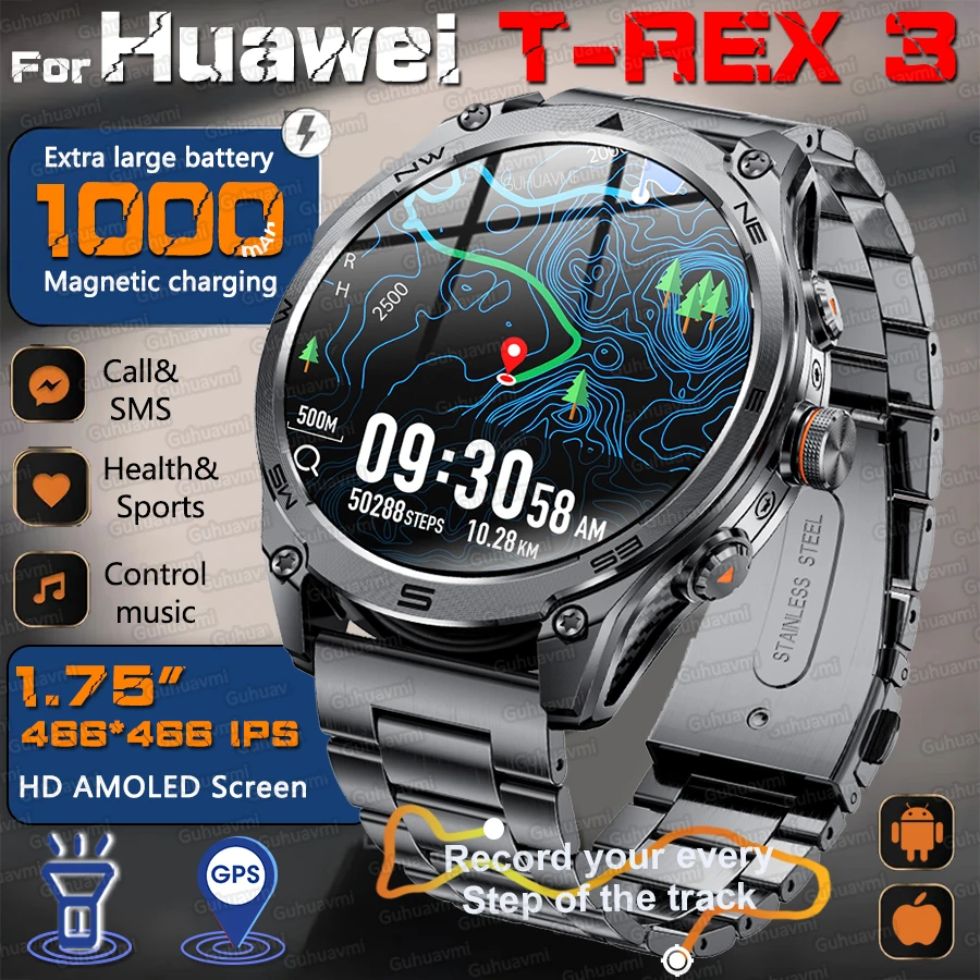 

New Military Outdoor Sports GPS Smart Watch Men 1.75" HD AMOLED 1000mAh Battery Flashlight Compass Altitude BT Call SmartWatches