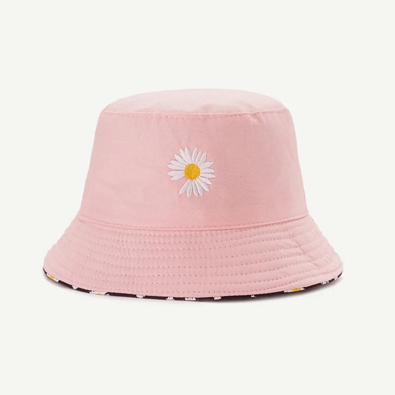 Summer Daisy Double-Sided  Bucket Hats Women\'s Embroidery Hip Hop Panama Bob Caps Folded Beach Sun Fisherman Hat For Ladies