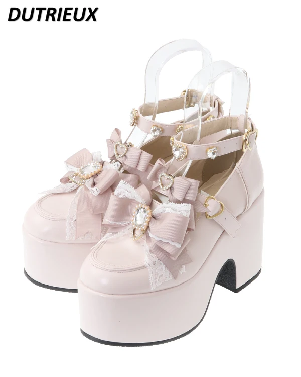 Japanese Style Sweet Girls Heart Bowknot High Heels Mine Mass-Produced Lolita Thick Bottom Mary Jane Platform Shoes for Women