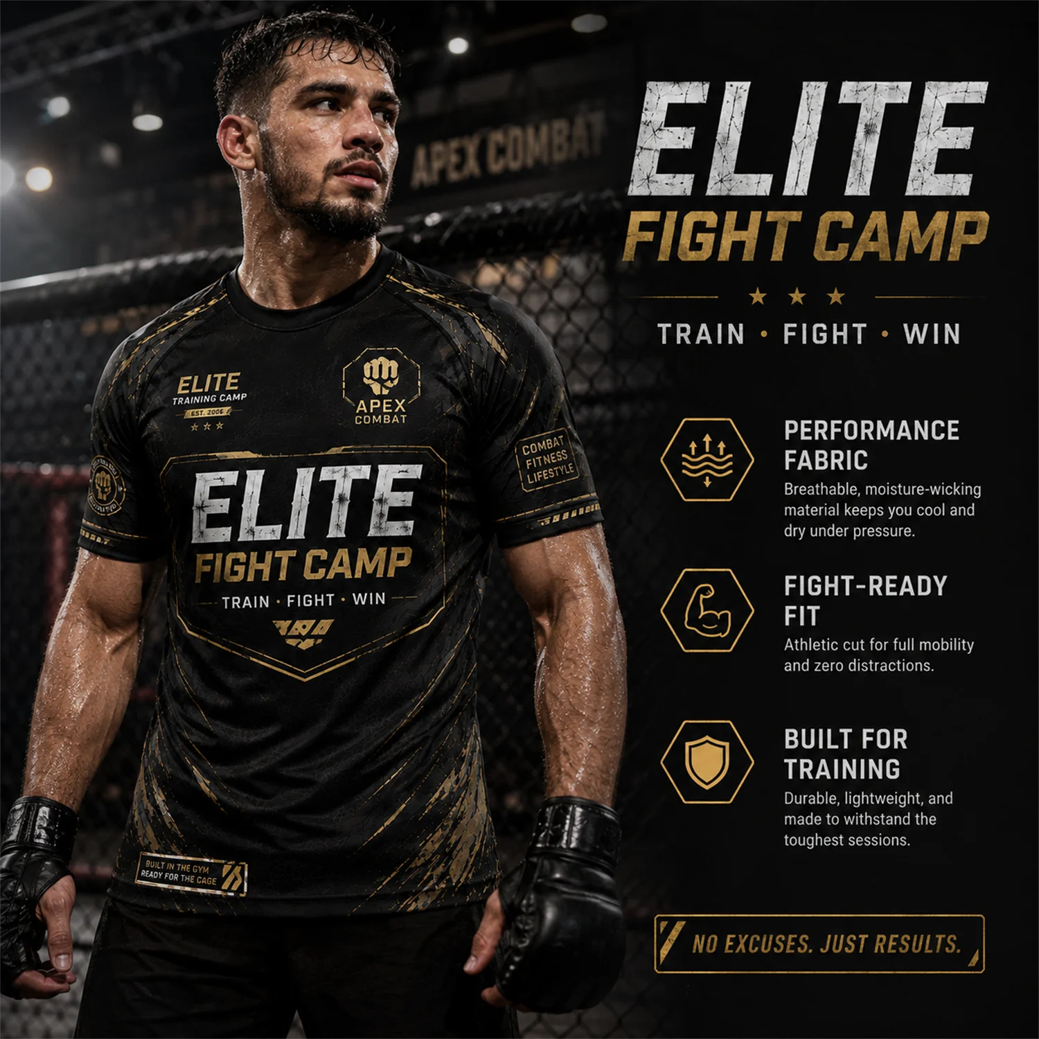 Camiseta Deportiva de Manga Corta para Hombre, Diseño Gráfico Elite Fight en Negro y Dorado, Estilo Campamento de Entrenamiento, Gimnasio, Fitness, Deportes de Combate
