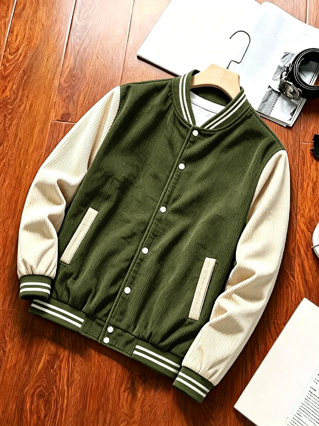 American Retro Corduroy Color-Block Varsity Jacket, Classic College Style with Snap Placket & Ribbed Collar, Soft Texture, Side