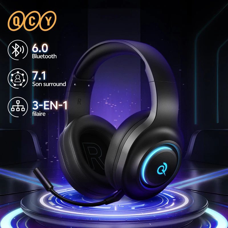 Casque de jeu supra-auriculaire QCY V200 Pro Bluetooth 6.0 avec micro amovible, pilote 50 mm, son surround 7.1, faible latence 20 ms, égaliseur dynamique RGB, compatible PC/PS4/Switch. Casque de jeu supra-auriculaire QCY V200 Pro Bluetooth 6.0 avec micro amovible, pilote 50 mm, son surround 7.1, faible latence 20 ms, égaliseur dynamique RGB, compatible PC/PS4/Switch.