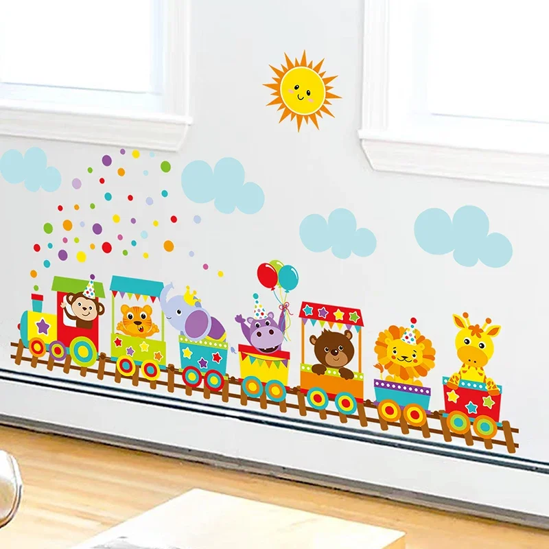 Cartoon Cute Animals Train Sun Clouds Wall Stickers for Kids Room Baby Nursery Room Wall Decals Home Decorative Stickers Decor