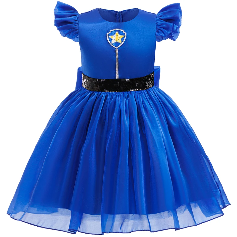 Cartoon Dog Leader Girls Dress Blue Princess Birthday Party Performance Dress For Kids Carnival Halloween Fantasy Outfit Sets