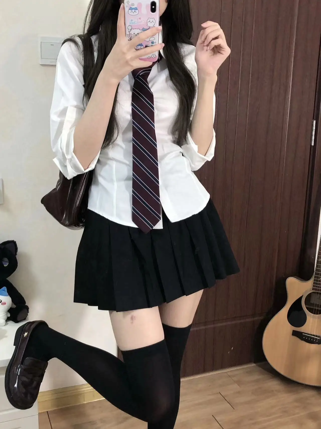 White long sleeves + red striped tie