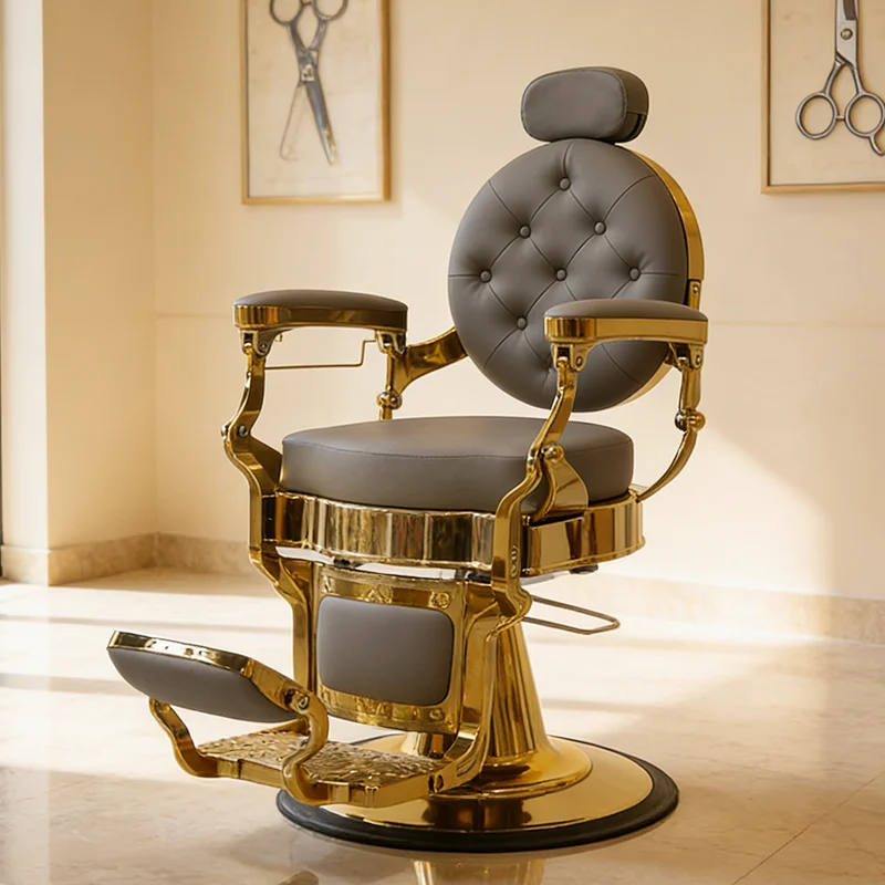 Professional Salon Furniture Round Base Gold Hair Styling Chair Modern Luxury Hydraulic Pump Reclining Men Barber Chair For Sale