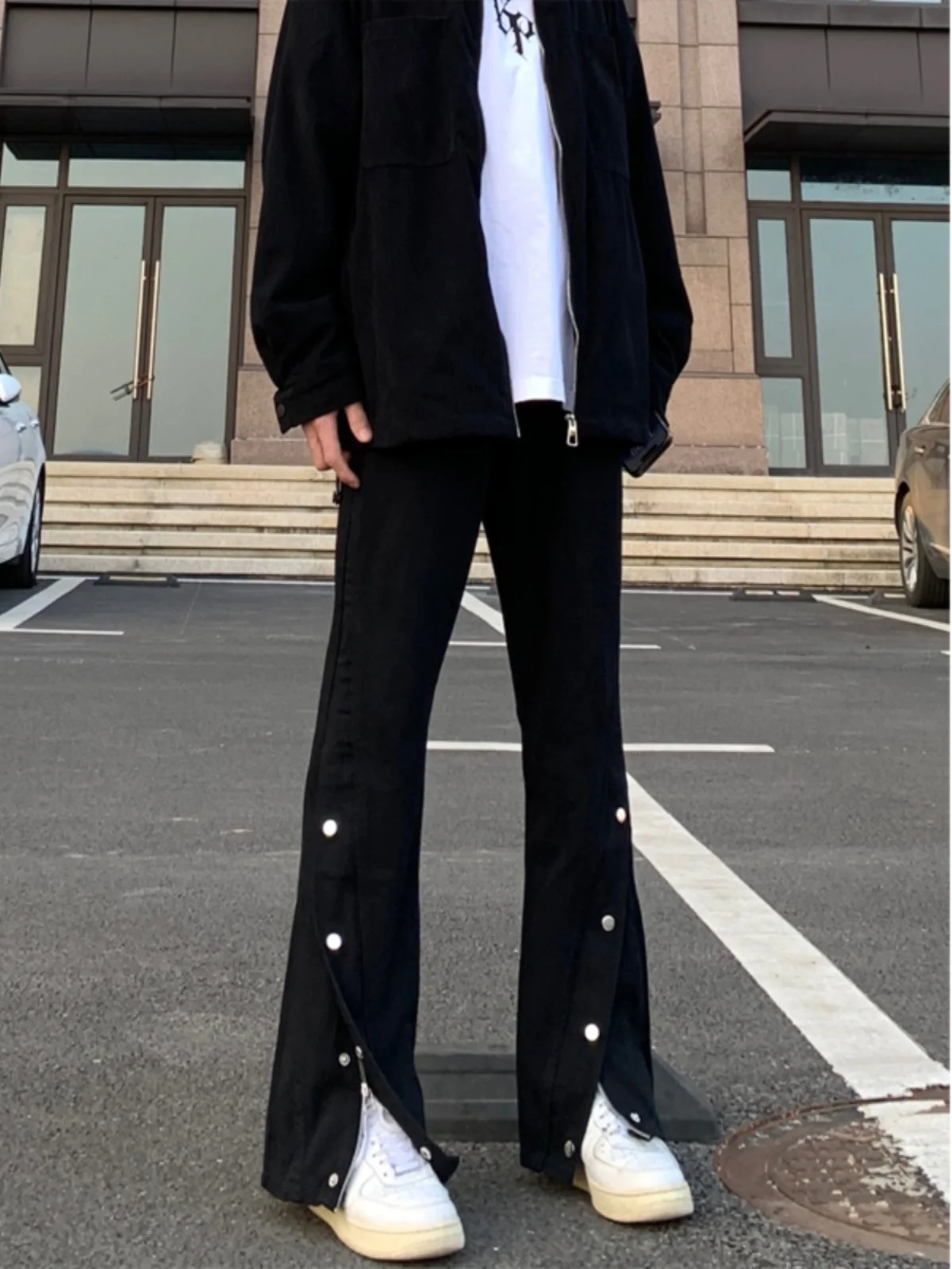 

American High Street Vibe Men's Jeans Autumn Winter Small Design Sense Button Slit Straight Leg Micro Flare Long Trousers