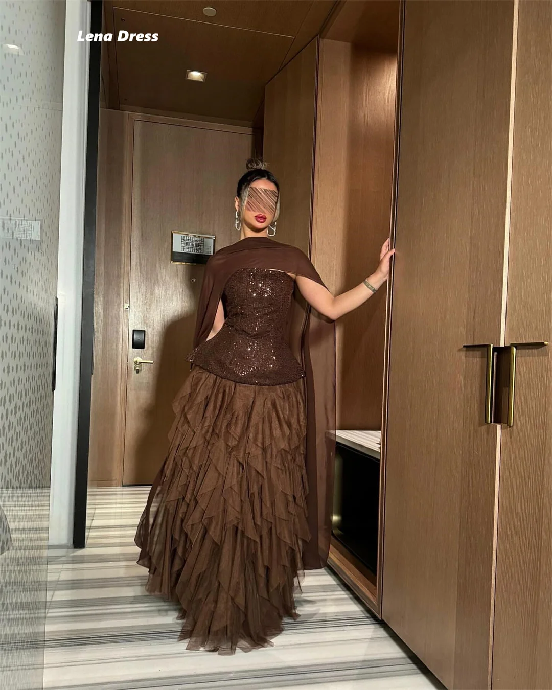 Lena Abendkleider für Damen, elegante Partykleider für Damen, 2025, maßgeschneidert, braun, glänzend, Schal, mehrschichtig, Luxus-Abschlussballkleid 2025,