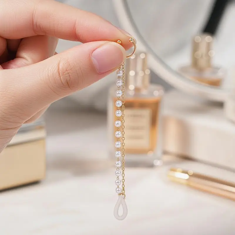 Portable Anti Lost Wireless Earbud Holder Earrings Gold Plated Chain Faux Pearl Crystal for Business Trip Use