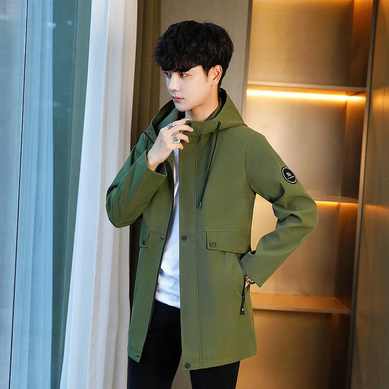 سترة GIOIOMEN، للربيع والخريف على الطراز الكوري بقصة ضيقة متوسطة الطول بلون سادة مع قلنسوة، ملابس رجالية