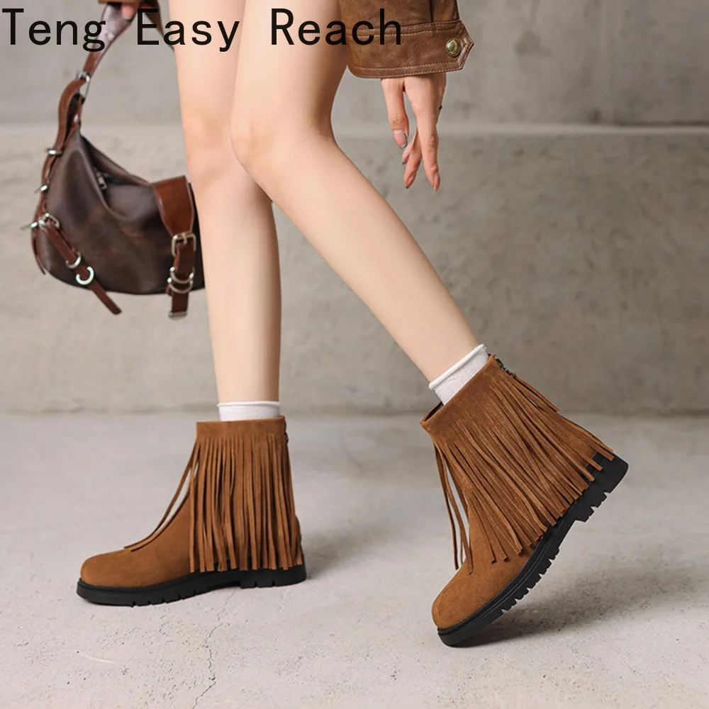 Botas Retro de Mujer con Borlas, Punta Redonda, Tacón de 2.5cm, Cremallera, Ante, Tallas Pequeñas 31 32 33, Casual Diario, Botín